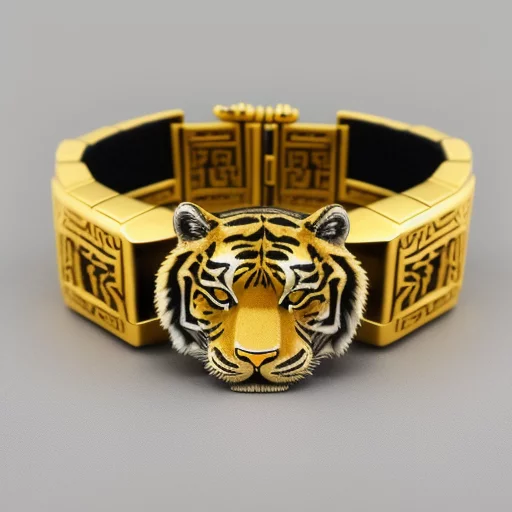 6860240420-tiger bracelet made of gold with tiger features, rich details, fine carvings, studio lighting.webp